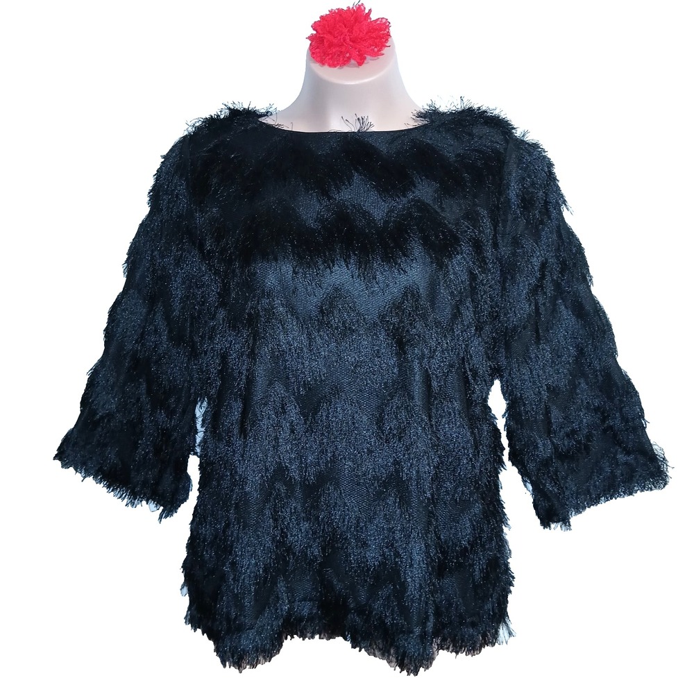 Chico's Fringe Party Top Women 4 XXL Black Avant Garde Holiday Mesh Art To Wear